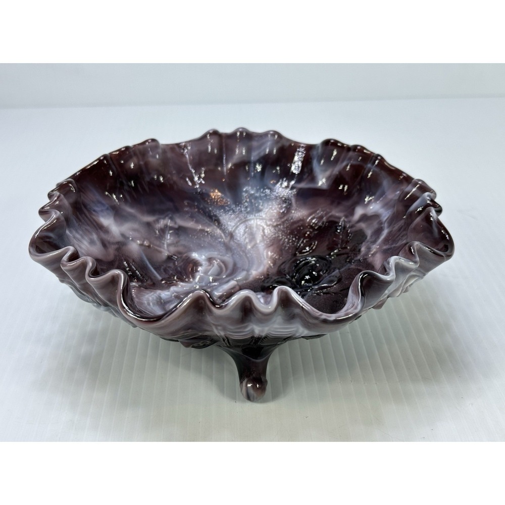 VTG Imperial Slag Amethyst Purple Rose & Rose Buds Embossed Footed Ruffle Bowl